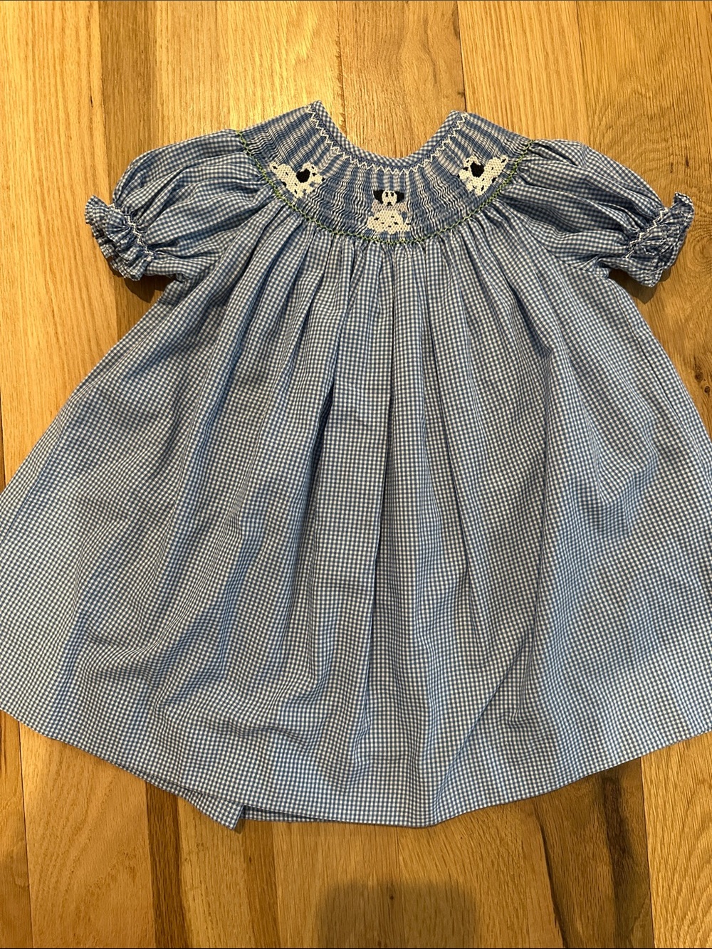 Blue Gingham Smocked Baby Dress with Embroidered Dogs